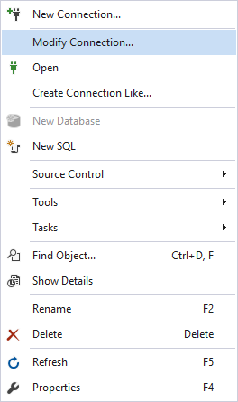 Context menu in Database Explorer with Modify Connection option highlighted.