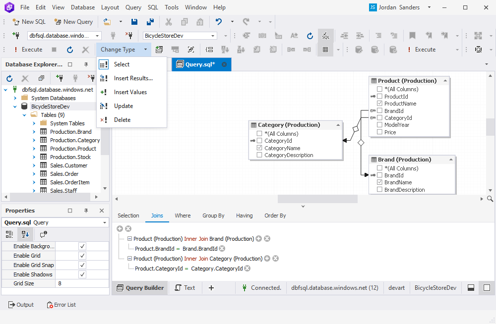 A screenshot of dbForge Query Builder for SQL Server