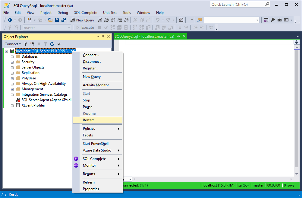SQL Server Management Studio is revealing Object Explorer with the Restart option highlighted for localhost server.