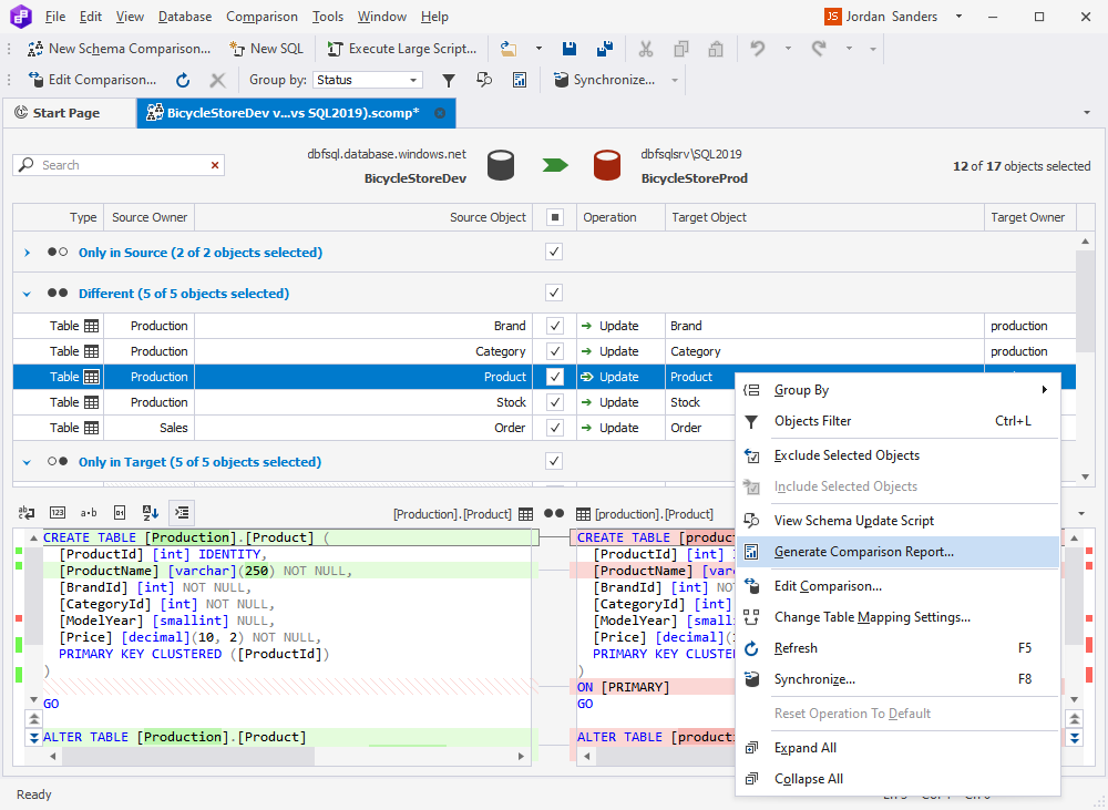A screenshot of dbForge Schema Compare for SQL Server