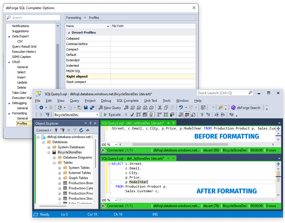 A screenshot of dbForge SQL Complete Options