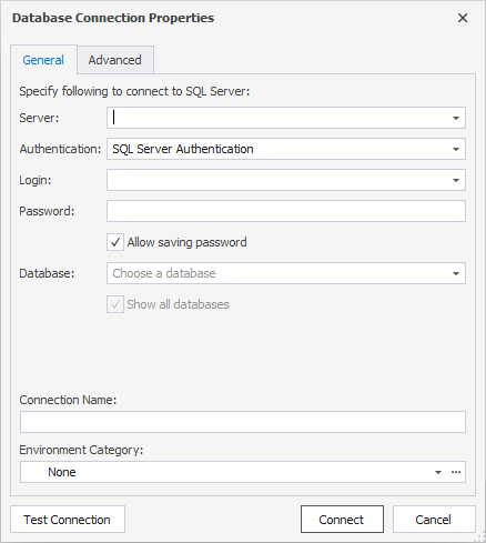 Database Connection Properties window for SQL Server is showing fields for server, authentication, login, password, and database.