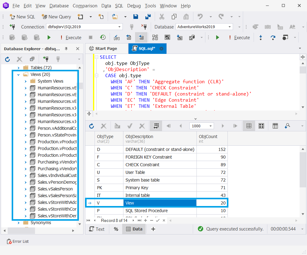 Grid displaying the object type code, its description, and the total number of objects found in the AdventureWorks2019 database