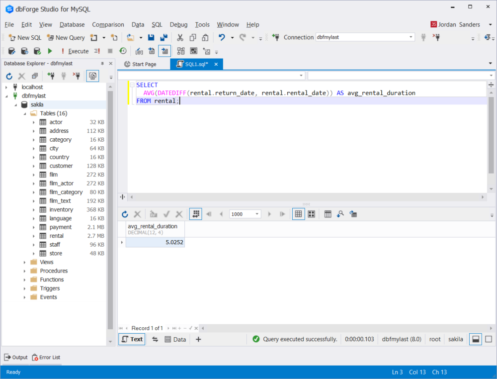 dbForge Studio for MySQL - run the ChatGPT query to find out average rental time