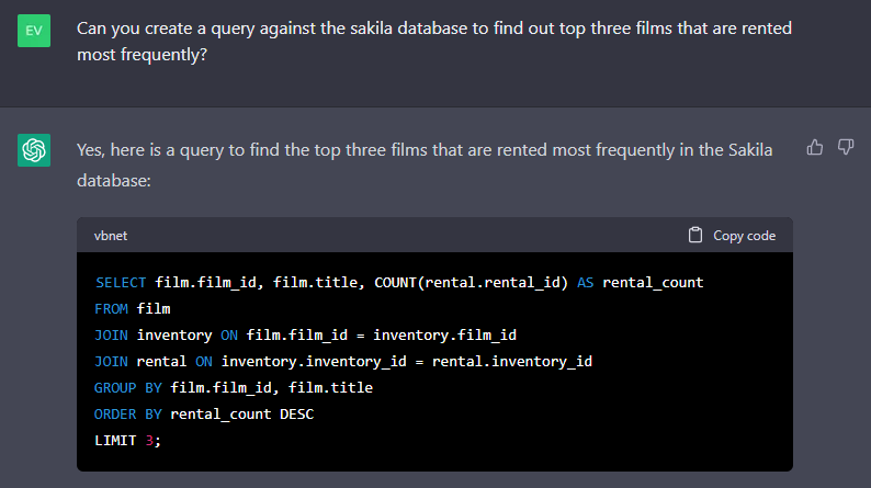 Ask ChatGPT to create a MySQL query to find out the most popular films