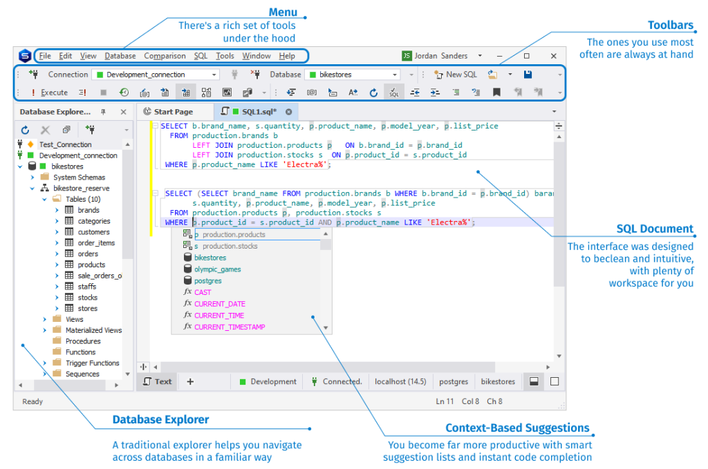 dbForge Studio for PostgreSQL interface showing SQL editor, database explorer, toolbars, and context-based code suggestions.