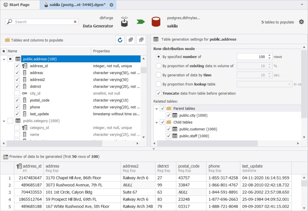 dbForge Data Generator for PostgreSQL is showing table selection, data generation settings, and preview of generated address records.