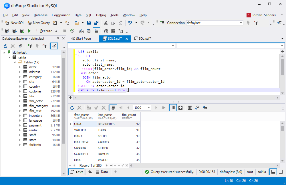 ChatGPT query against the sakila database in dbForge Studio for MySQL