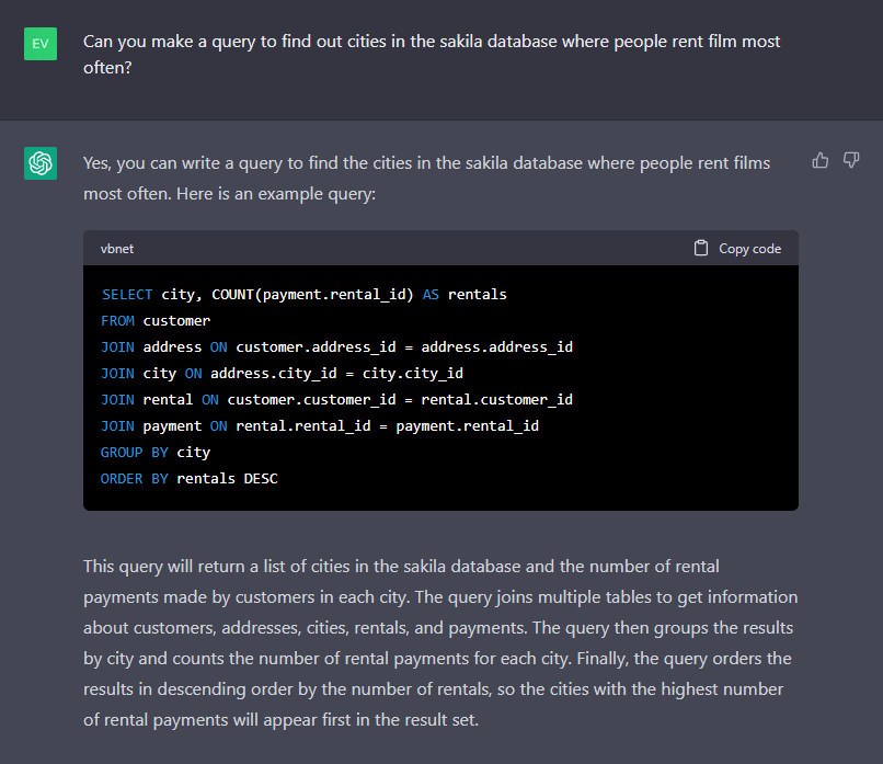 ChatGPT build MySQL query against the sakila database