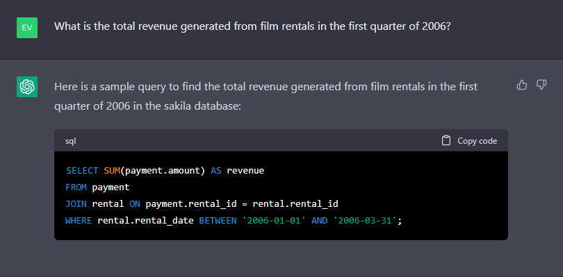 ChatGPT create a MySQL query against the sakila database to find quarter revenue