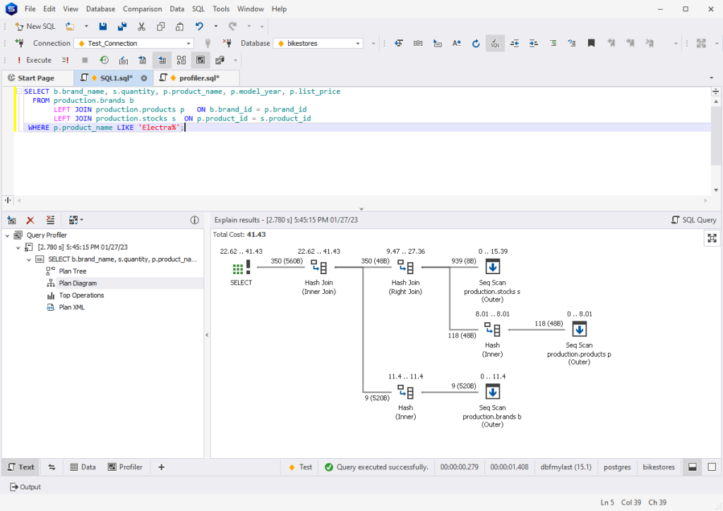 dbForge Studio for PostgreSQL is displaying SQL query profiling with execution plan diagram and query performance metrics.