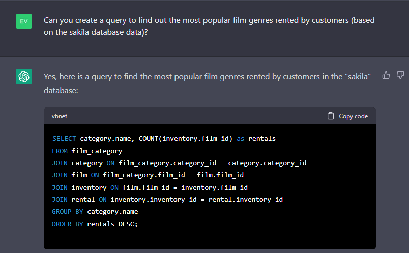 ChatGPT: What are the most popular film genres rented by customers?