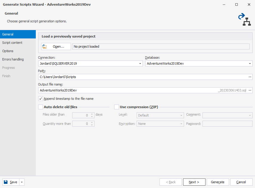 Generate Scripts Wizard of dbForge Studio for SQL Server