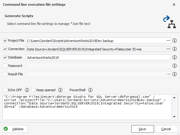 Save command-line command in dbForge Studio for SQL Server