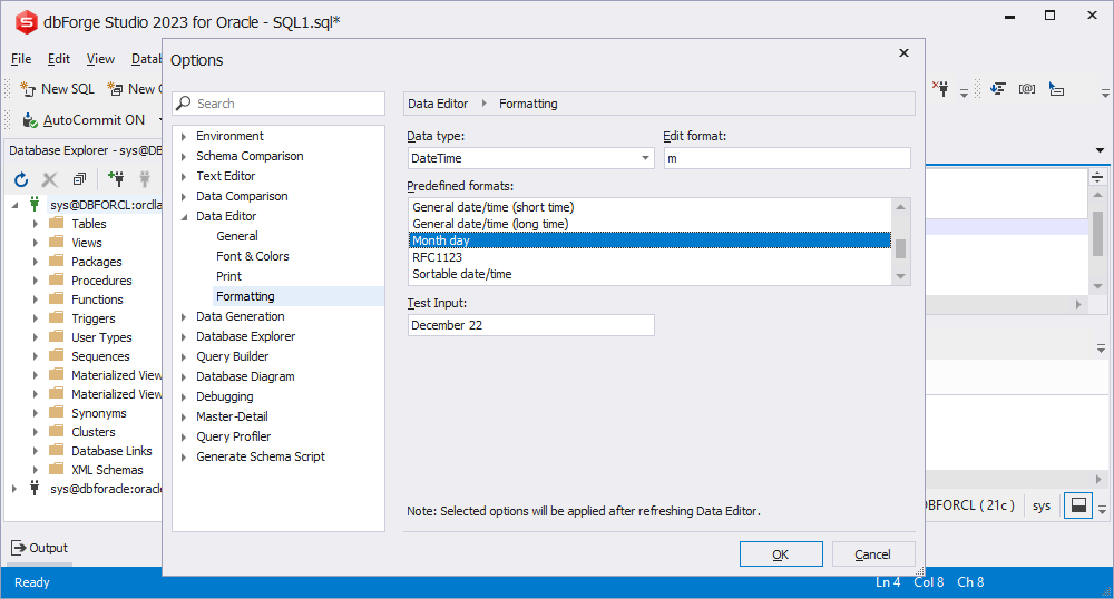 Customize date formats in dbForge Studio for Oracle