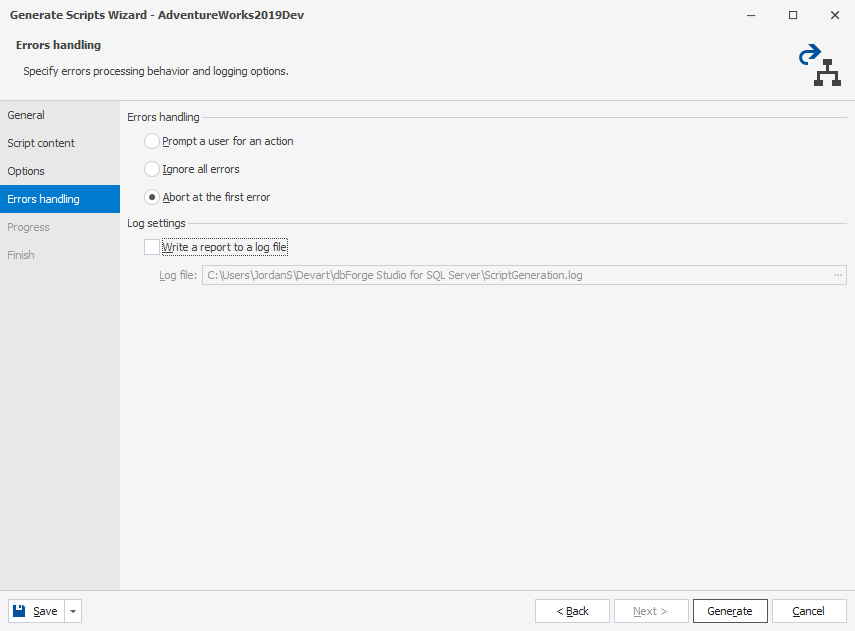Specify errors handling in dbForge Studio for SQL Server