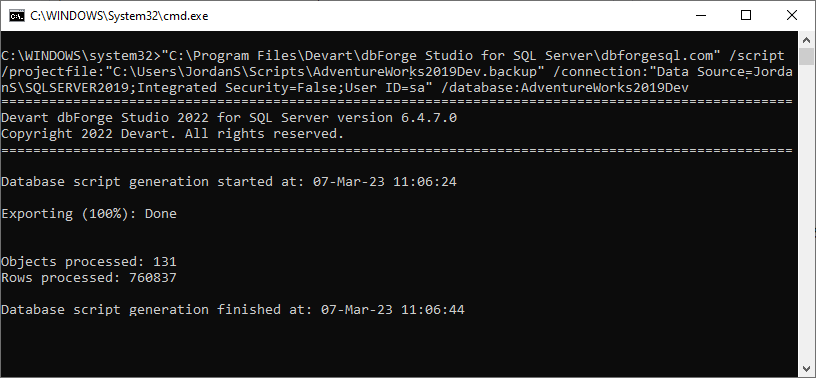 Use dbForge Studio for SQL Server functionality from the command line