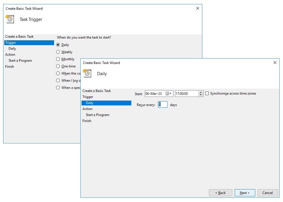 Triggers tab of Windows Task Scheduler