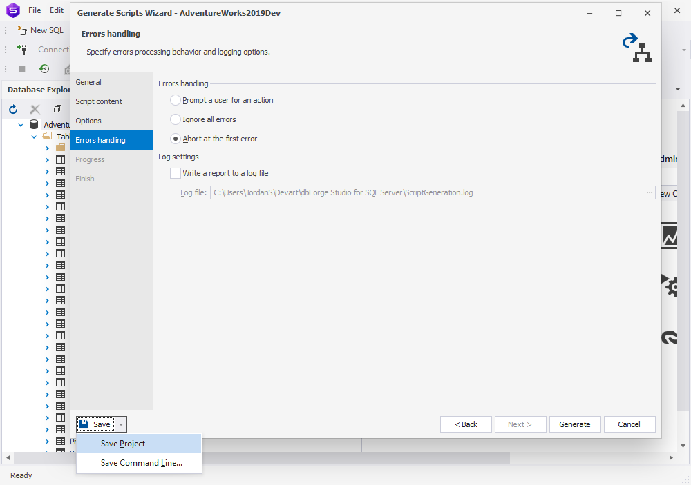Save backup project in dbForge Studio for SQL server
