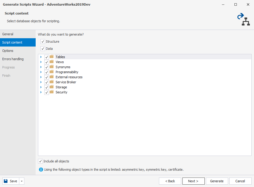 Select backup script content in dbForge Studio for SQL Server