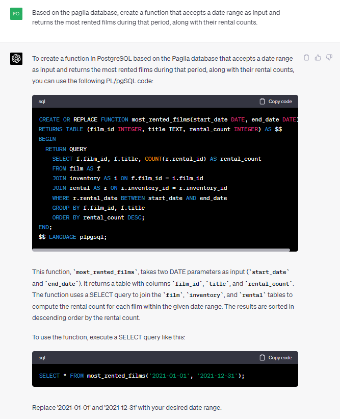 ChatGPT chatbot creates PostgreSQL function