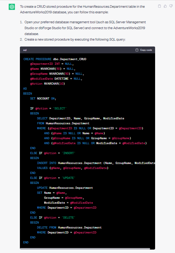 ChatGPT and CRUD operations in SQL