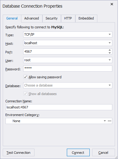 Enter the connection details of the MySQL Server you want to connect to