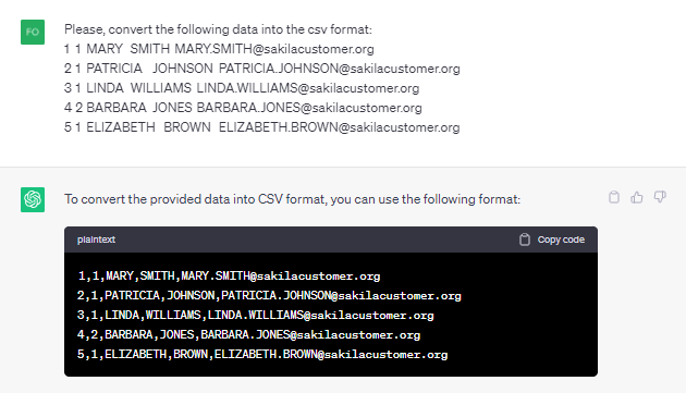 ChatGPT: convert data to CSV