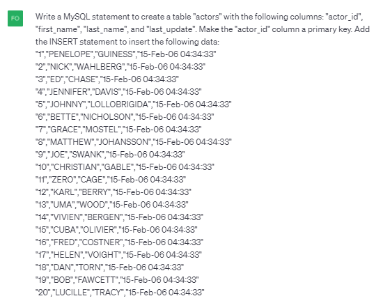 Asking ChatGPT to convert CSV to MySQL