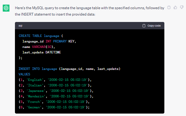 ChatGPT: query to convert Google Sheets to MySQL