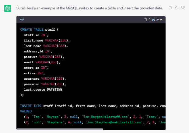 Asking ChatGPT to help convert JSON to MySQL