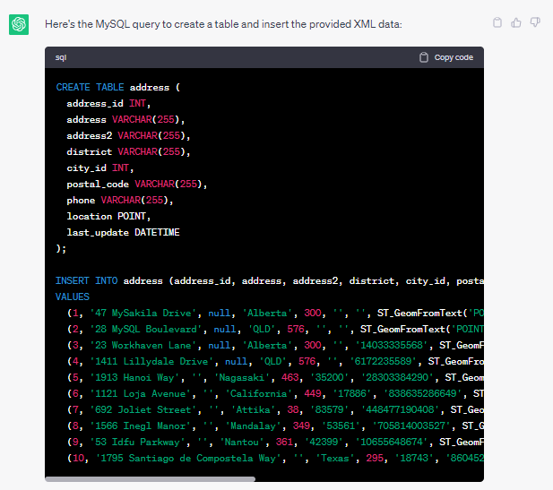 Request to ChatGPT to create a query to convert XML to MySQL