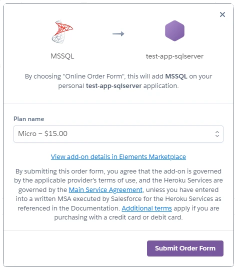 Add the MSSQL add-on - Confirm Order form