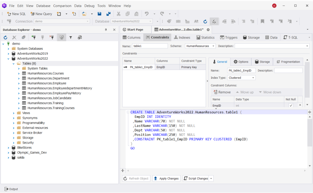 dbForge Studio for SQL Server is showing Table Designer on the Constraints tab; EmpID set as Primary Key with CREATE TABLE script visible.