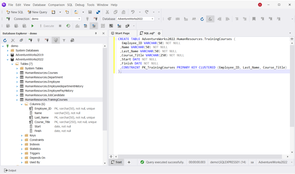 dbForge Studio for SQL Server is showing a CREATE TABLE with a composite PRIMARY KEY (Employee_ID, Last_Name, Course_Title).