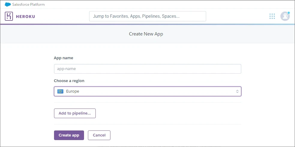 Create a new app on Heroku - Specify a name and region