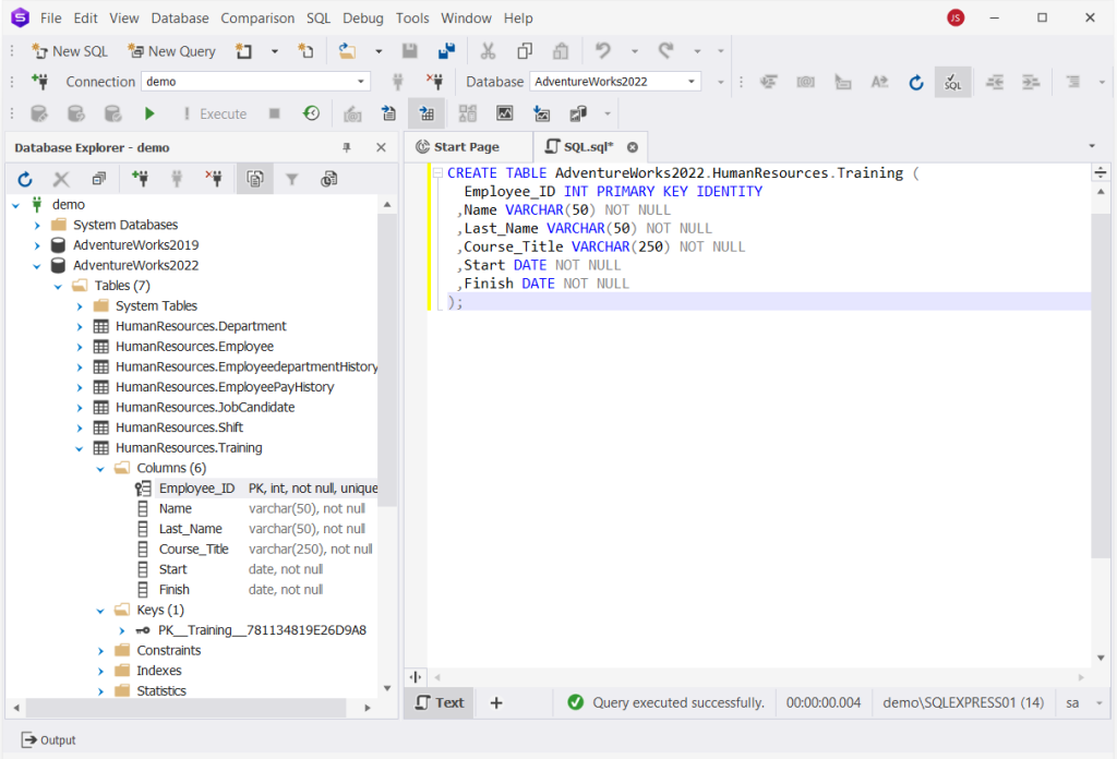 dbForge Studio for SQL Server is showing SQL editor and database explorer with a CREATE TABLE defining Employee_ID as PRIMARY KEY.