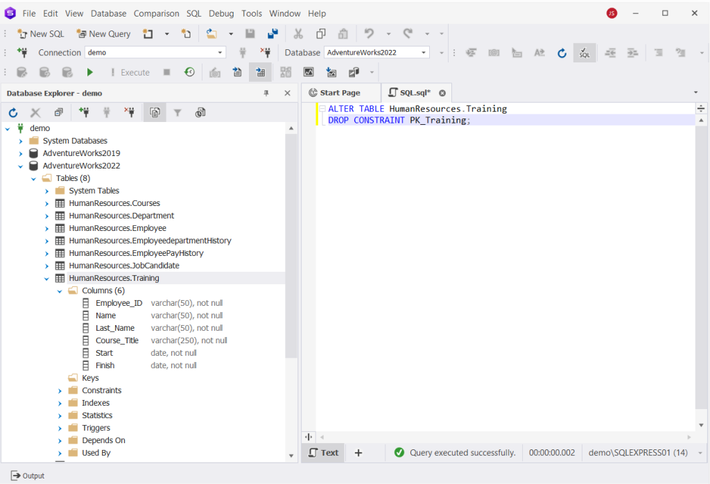 dbForge Studio for SQL Server is displaying an ALTER TABLE dropping the primary key constraint PK_Training from HumanResources.Training.