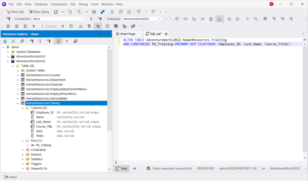 dbForge Studio for SQL Server is executing an ALTER TABLE to add a composite PRIMARY KEY on Employee_ID, Last_Name, and Course_Title.