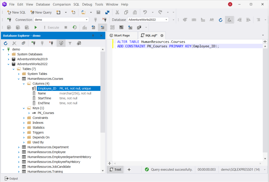 dbForge Studio for SQL Server is showing an ALTER TABLE adding a PRIMARY KEY on Employee_ID in HumanResources.Courses; Employee_ID marked PK.