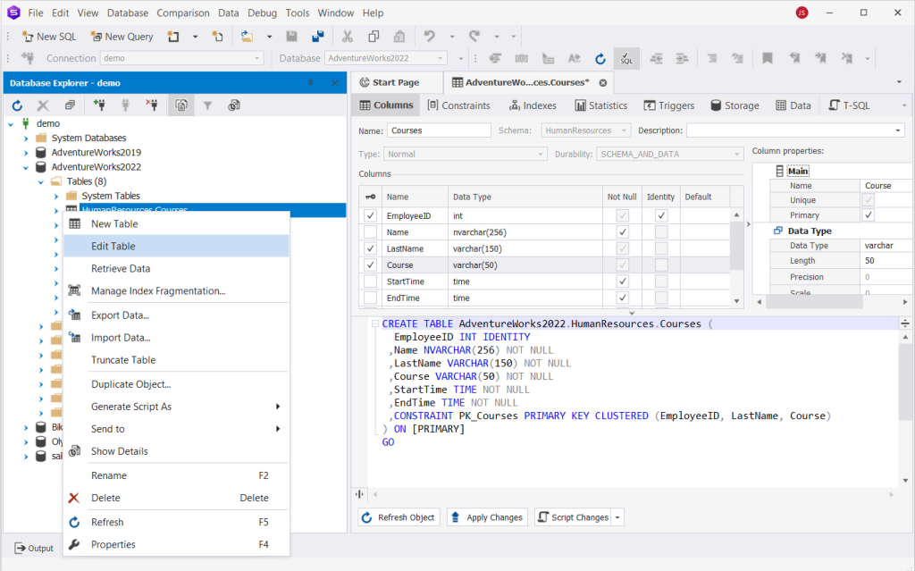 dbForge Studio for SQL Server is showing Table Designer; composite PRIMARY KEY on EmployeeID, LastName, Course in HumanResources.Courses.