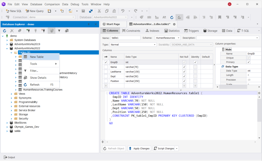 dbForge Studio for SQL Server is displaying Table Designer for a new table; EmpID is PRIMARY KEY and the CREATE TABLE script is visible.