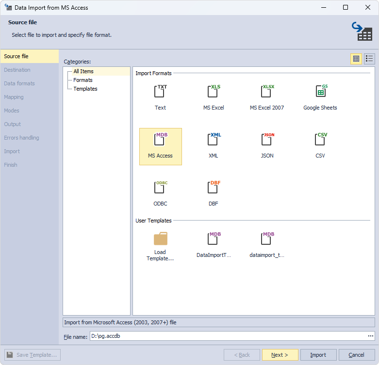 Choose the source file from which the data should be imported