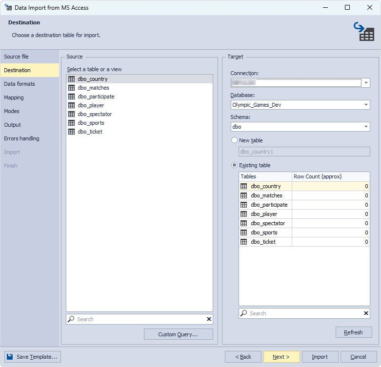 Choose a destination table for import