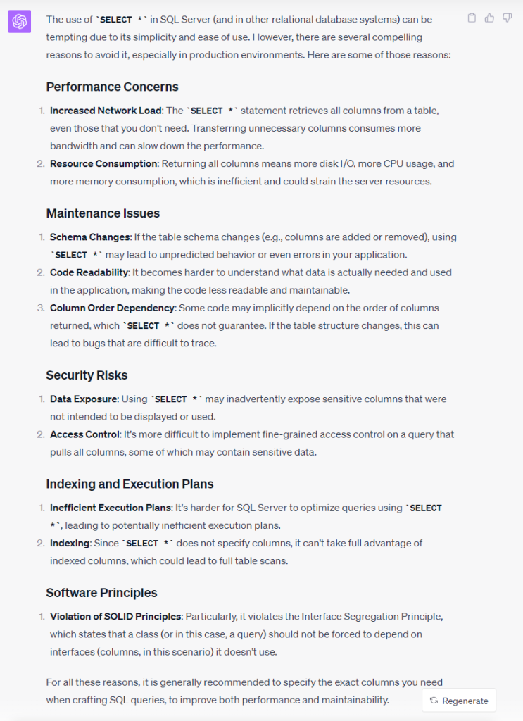 Reasons to avoid using SELECT * by ChatGPT-4