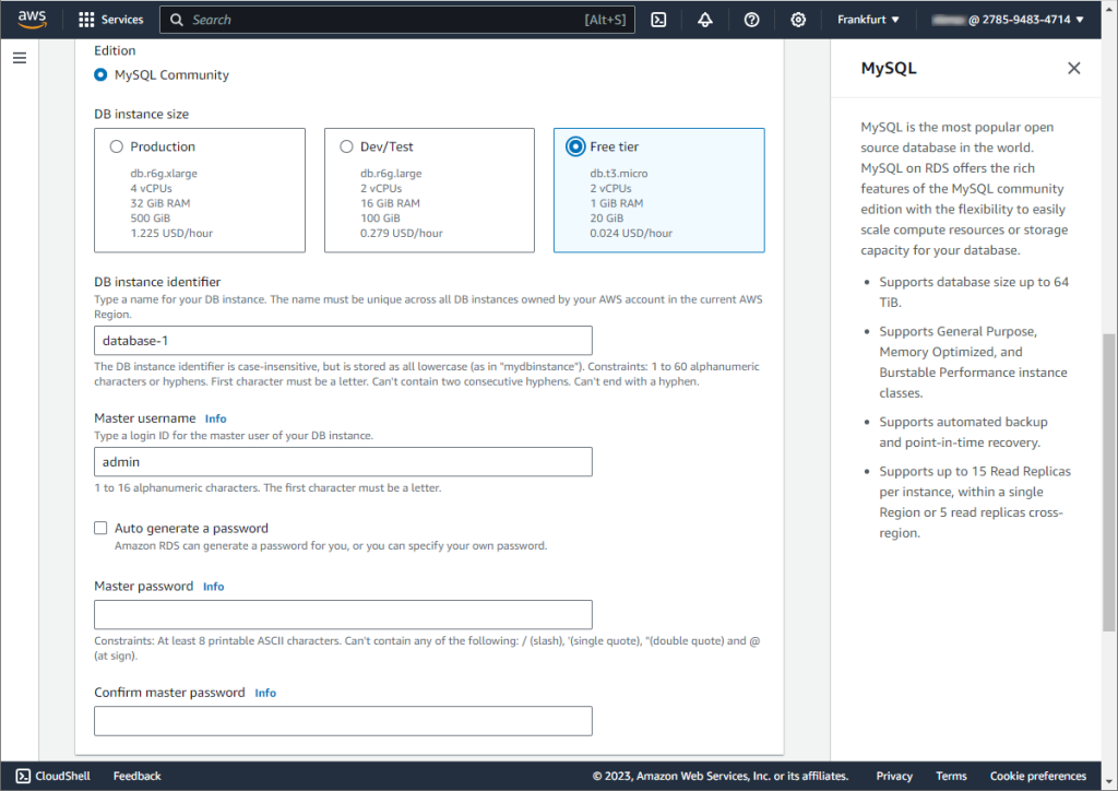 Configure the creation of an AWS RDS database