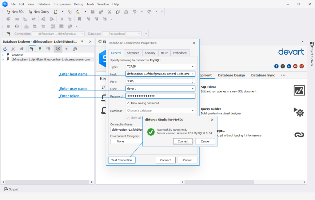 Connect to the AWS RDS instance using dbForge Studio for MySQL