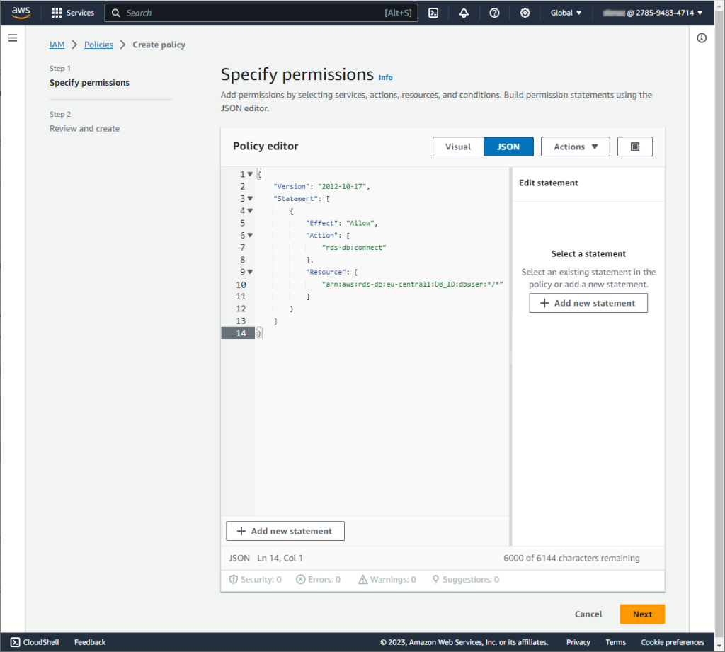 Create an IAM Policy page in AWS web console