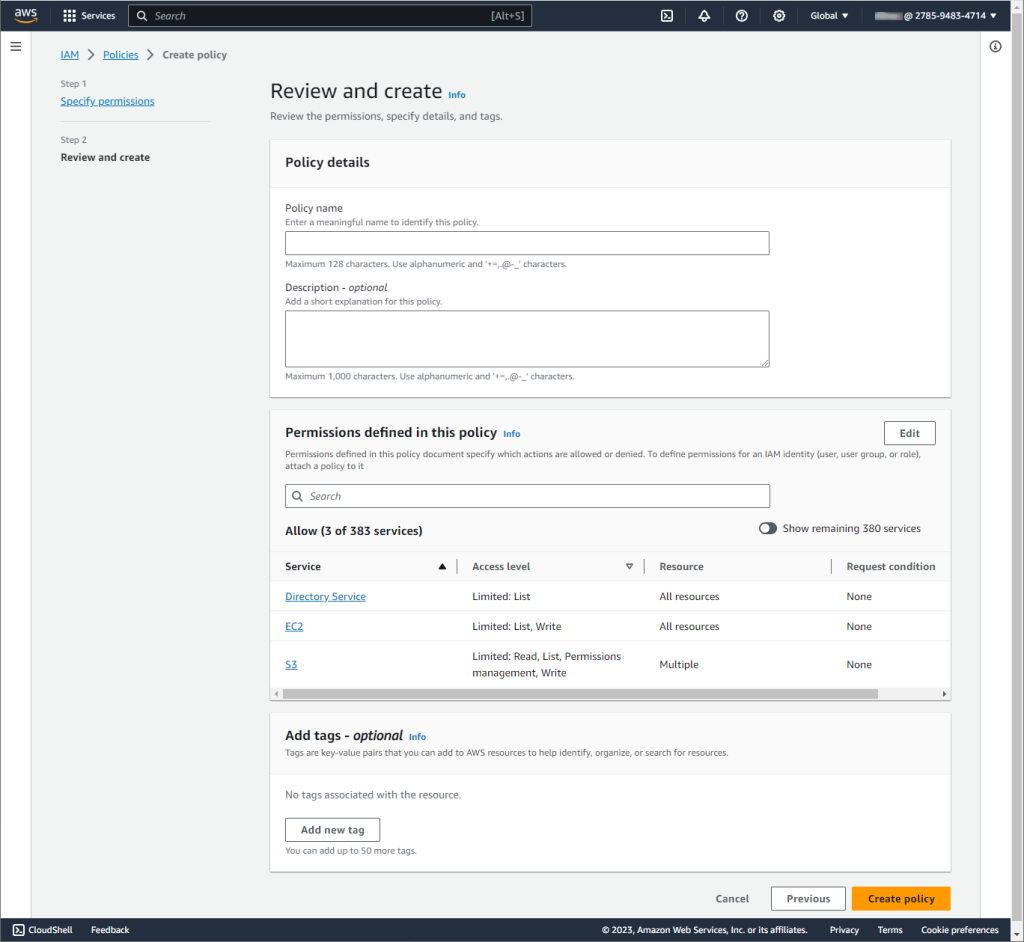 Review and create IAM policy