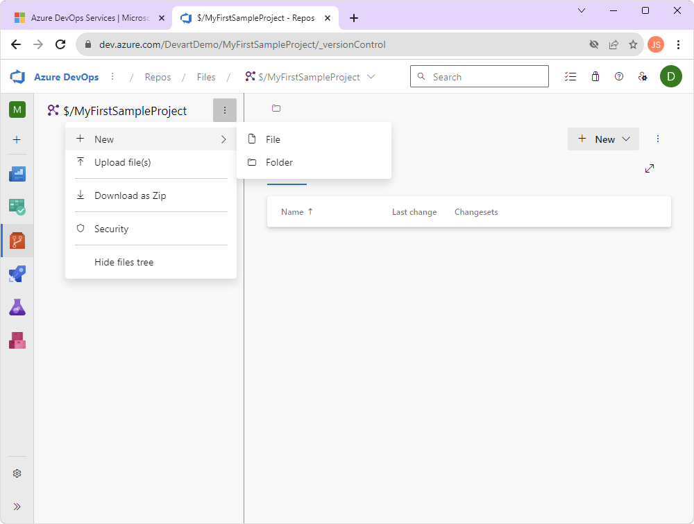 View the project and repository in the Azure DevOps account